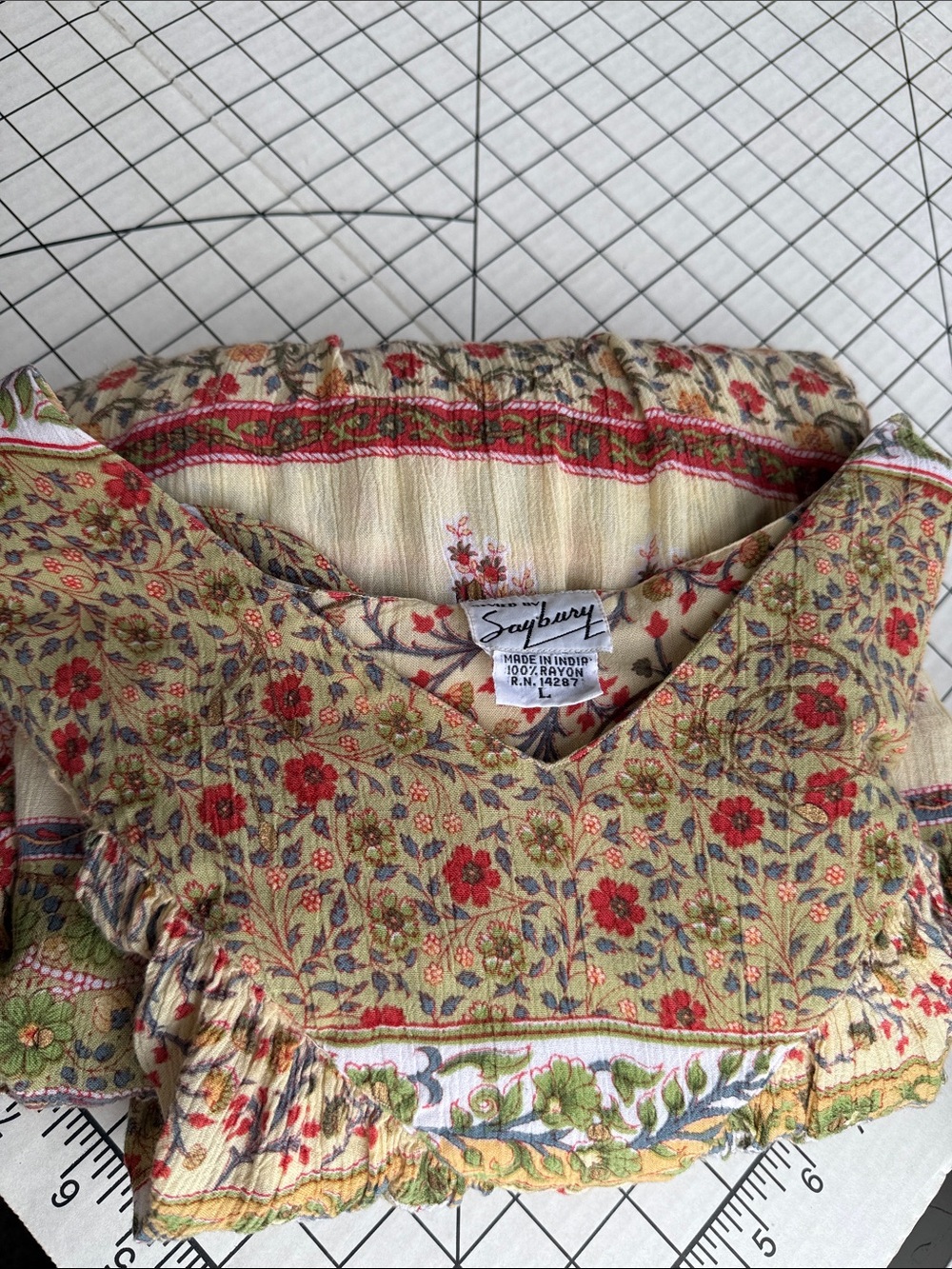 Vintage Saybury India Rayon Peasant Dress L Boho Floral Cottagecore House Dress